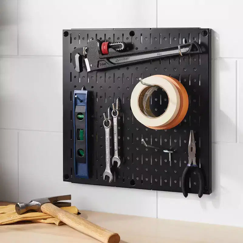 Panneau perforé métallique carré noir de 40 cm – Organisateur de rangement mural et de garage, capacité de 45 kg