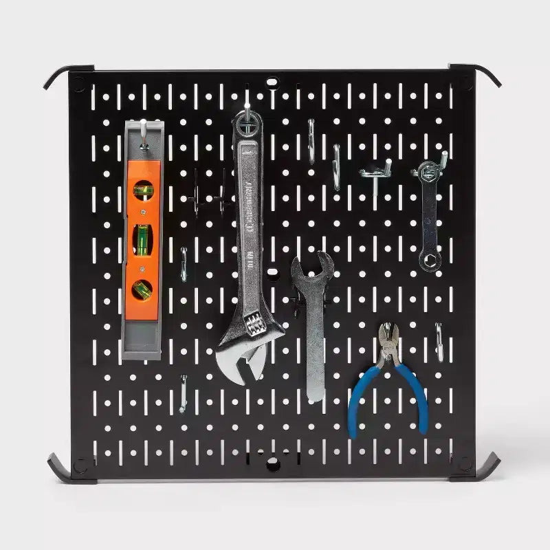 Panneau perforé métallique carré noir de 40 cm – Organisateur de rangement mural et de garage, capacité de 45 kg