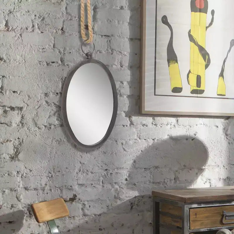 Grand miroir mural ovale en métal avec corde de suspension, style ferme