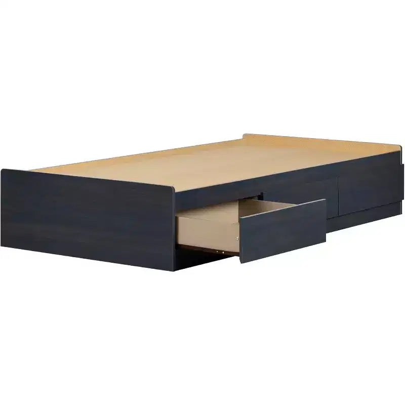 Lit plate-forme de rangement double avec 3 tiroirs bleu