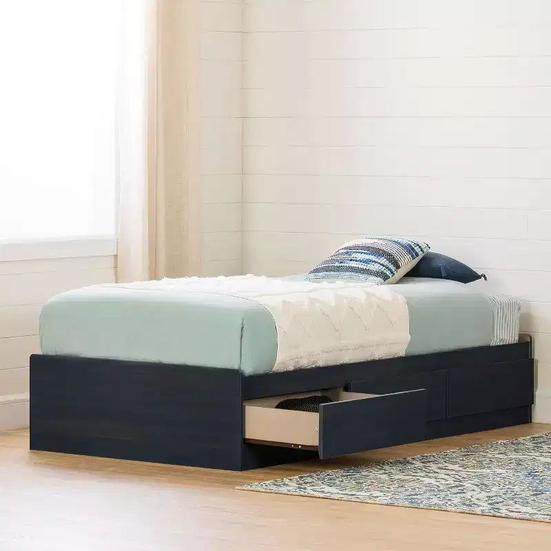 Lit plate-forme de rangement double avec 3 tiroirs bleu