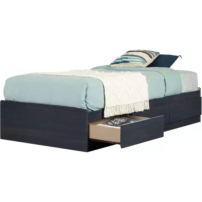 Lit plate-forme de rangement double avec 3 tiroirs bleu