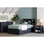 Lit plate-forme de rangement double avec 3 tiroirs bleu