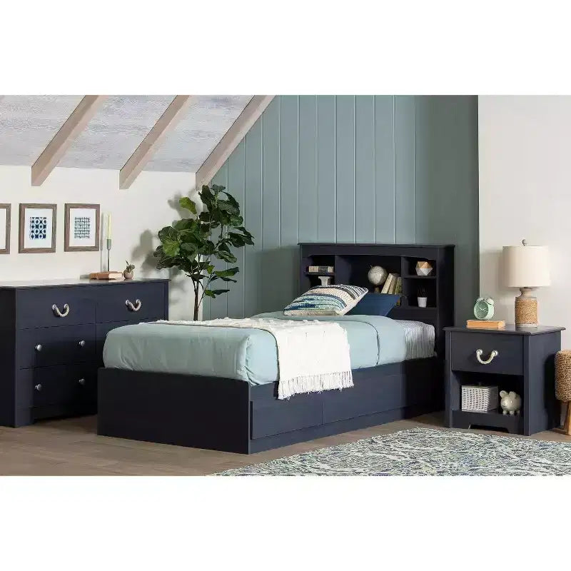 Lit plate-forme de rangement double avec 3 tiroirs bleu