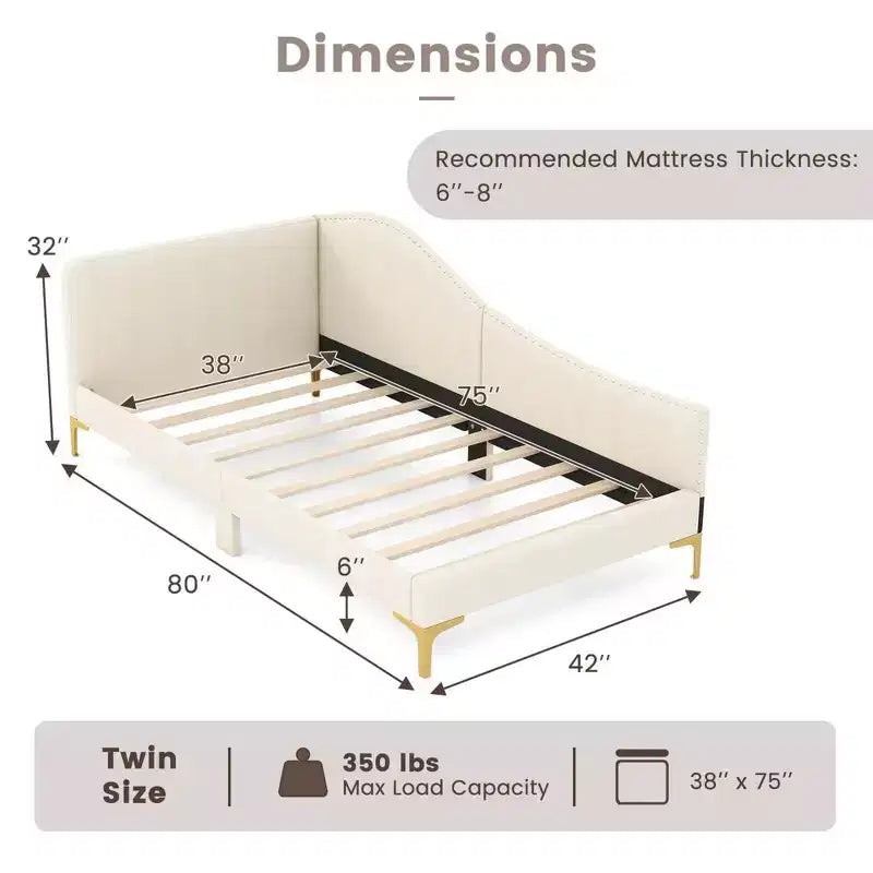 Lit de repos capitonné Twin/Double avec plateforme capitonnée et pieds en métal - Beige