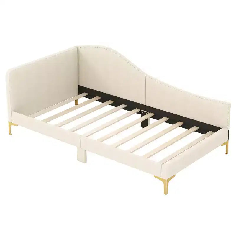 Lit de repos capitonné Twin/Double avec plateforme capitonnée et pieds en métal - Beige
