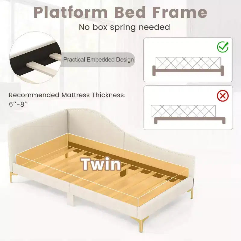 Lit de repos capitonné Twin/Double avec plateforme capitonnée et pieds en métal - Beige