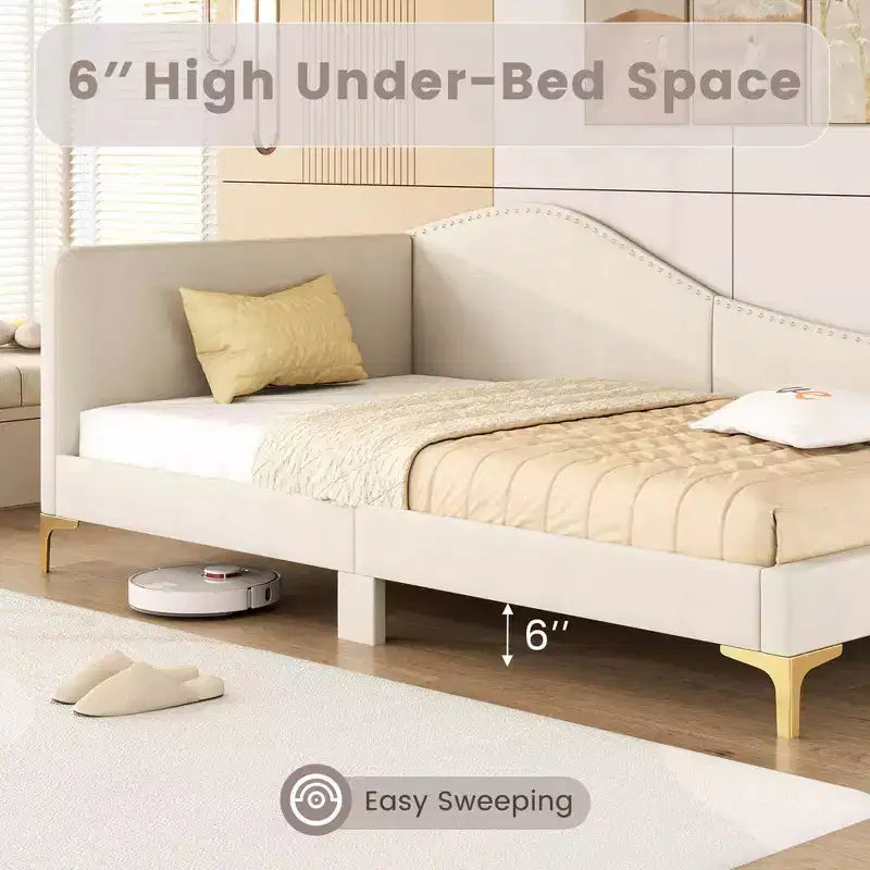 Lit de repos capitonné Twin/Double avec plateforme capitonnée et pieds en métal - Beige