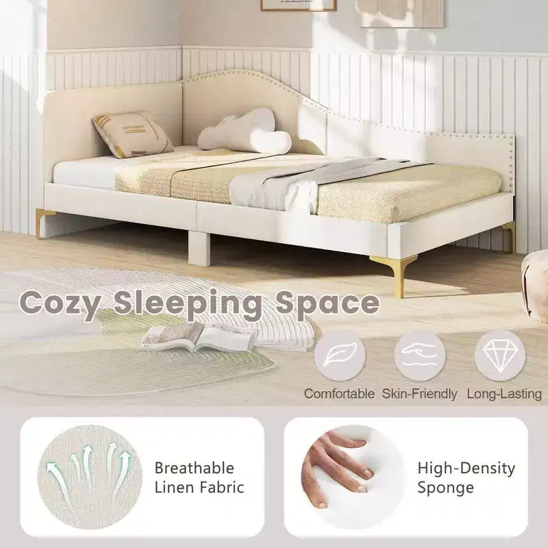 Lit de repos capitonné Twin/Double avec plateforme capitonnée et pieds en métal - Beige