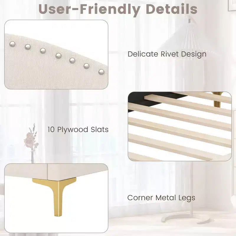 Lit de repos capitonné Twin/Double avec plateforme capitonnée et pieds en métal - Beige