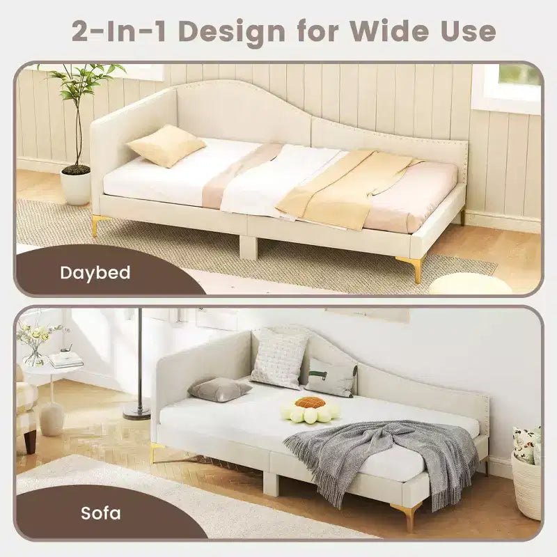 Lit de repos capitonné Twin/Double avec plateforme capitonnée et pieds en métal - Beige