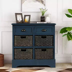 Whisen Rustic Storage Cabinet with Two Drawers and Four Classic Rattan Basket for Dining Room,Living Room