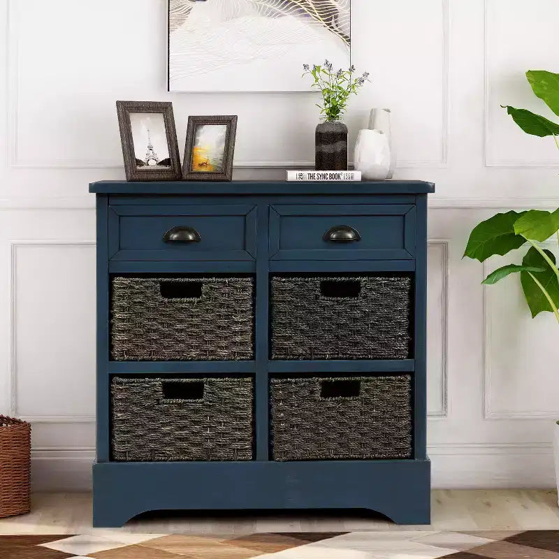 Whisen Rustic Storage Cabinet with Two Drawers and Four Classic Rattan Basket for Dining Room,Living Room