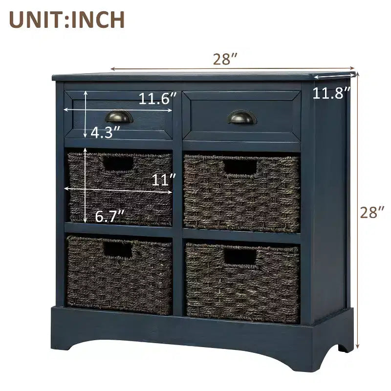 Meuble de rangement rustique avec 2 tiroirs et 4 paniers en rotin