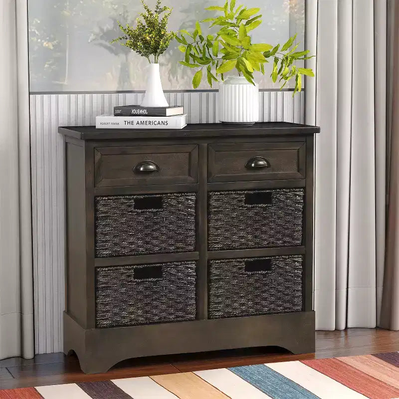 Meuble de rangement rustique avec 2 tiroirs et 4 paniers en rotin