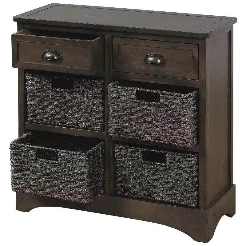 Meuble de rangement rustique avec 2 tiroirs et 4 paniers en rotin