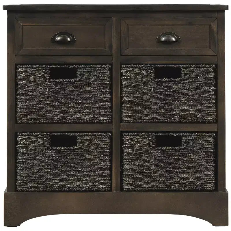 Meuble de rangement rustique avec 2 tiroirs et 4 paniers en rotin