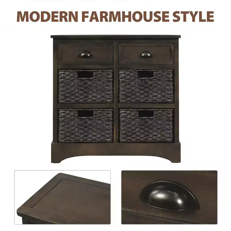 Meuble de rangement rustique avec 2 tiroirs et 4 paniers en rotin