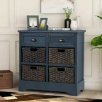 Meuble de rangement rustique avec 2 tiroirs et 4 paniers en rotin