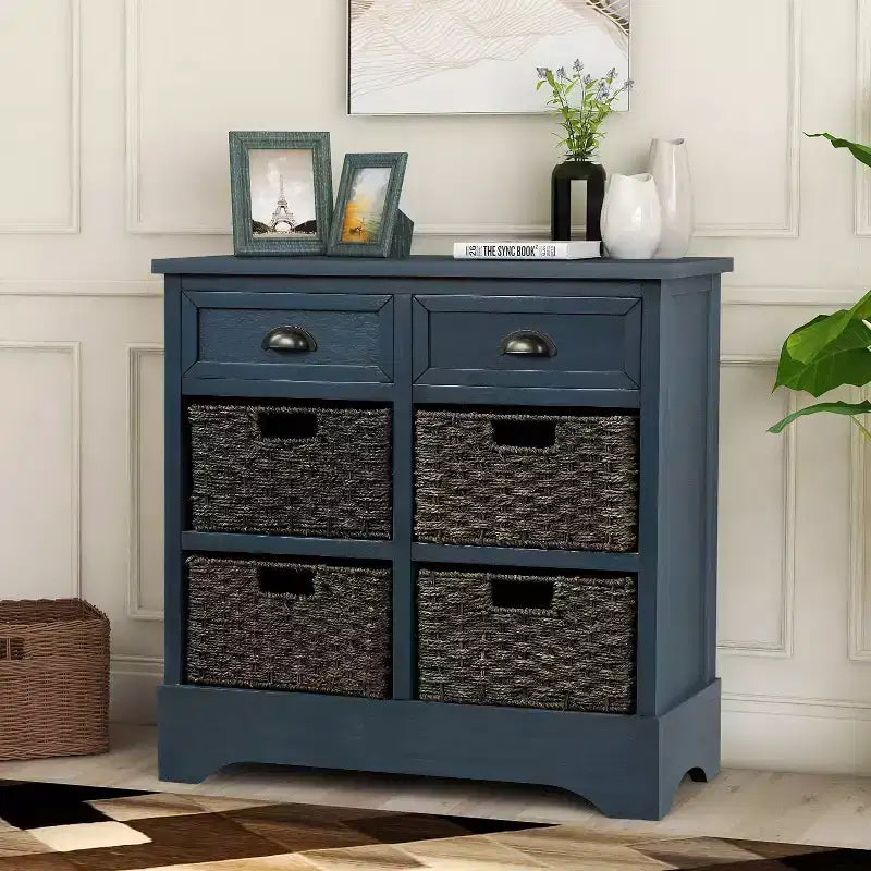 Meuble de rangement rustique avec 2 tiroirs et 4 paniers en rotin