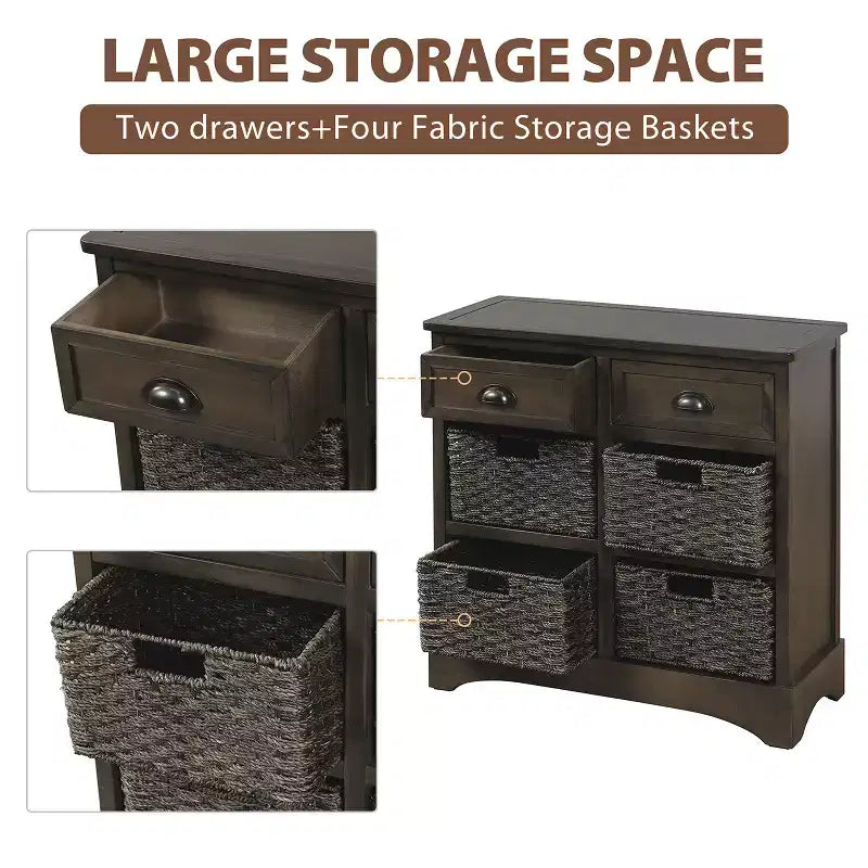 Meuble de rangement rustique avec 2 tiroirs et 4 paniers en rotin