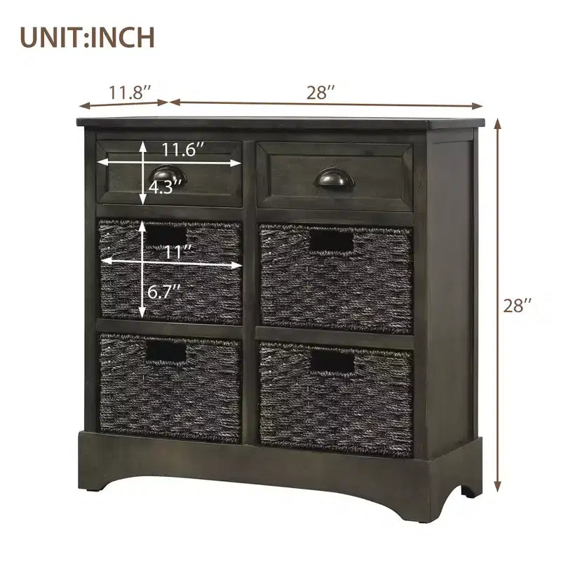 Meuble de rangement rustique avec 2 tiroirs et 4 paniers en rotin