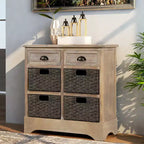 Meuble de rangement rustique avec 2 tiroirs et 4 paniers en rotin
