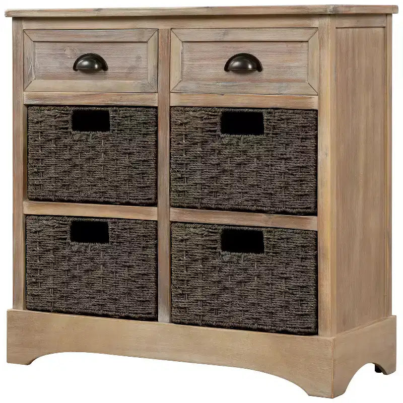 Meuble de rangement rustique avec 2 tiroirs et 4 paniers en rotin