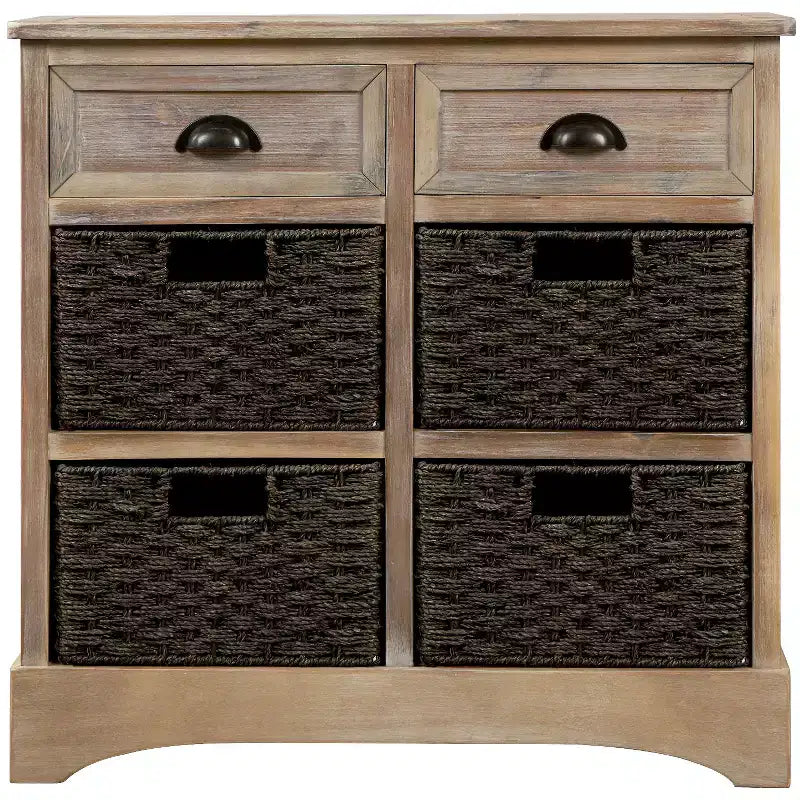 Meuble de rangement rustique avec 2 tiroirs et 4 paniers en rotin