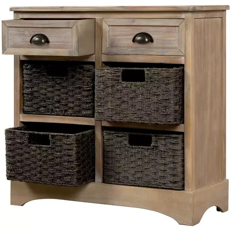 Meuble de rangement rustique avec 2 tiroirs et 4 paniers en rotin