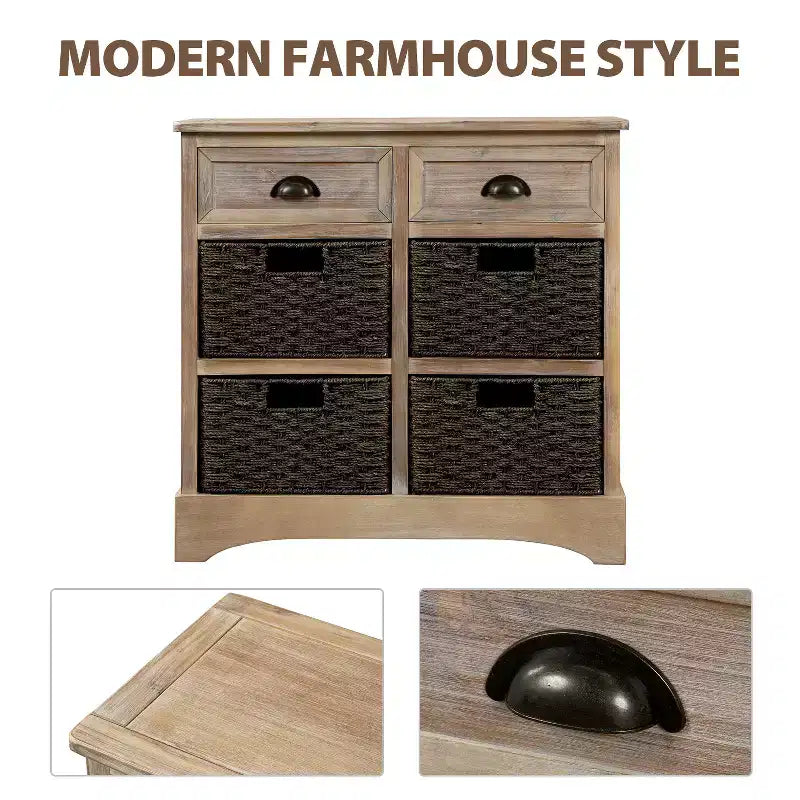 Meuble de rangement rustique avec 2 tiroirs et 4 paniers en rotin