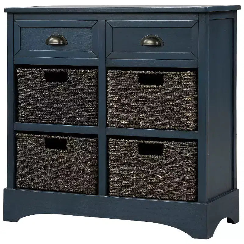 Meuble de rangement rustique avec 2 tiroirs et 4 paniers en rotin