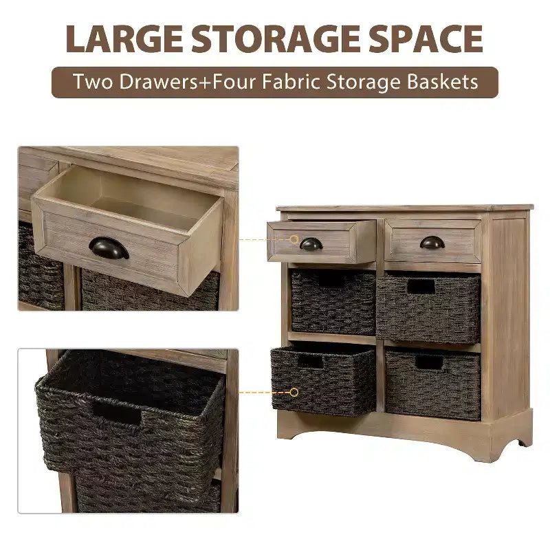 Meuble de rangement rustique avec 2 tiroirs et 4 paniers en rotin