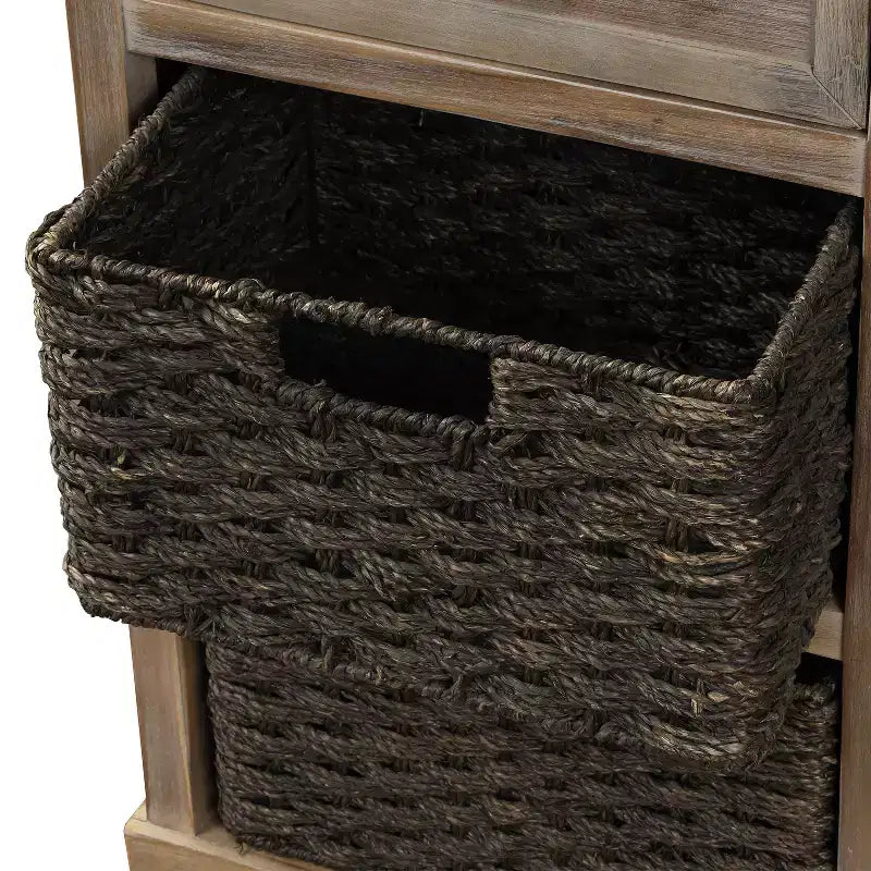 Meuble de rangement rustique avec 2 tiroirs et 4 paniers en rotin