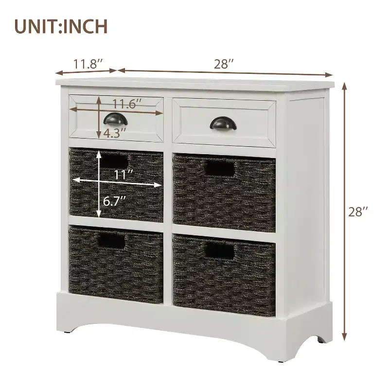 Meuble de rangement rustique avec 2 tiroirs et 4 paniers en rotin
