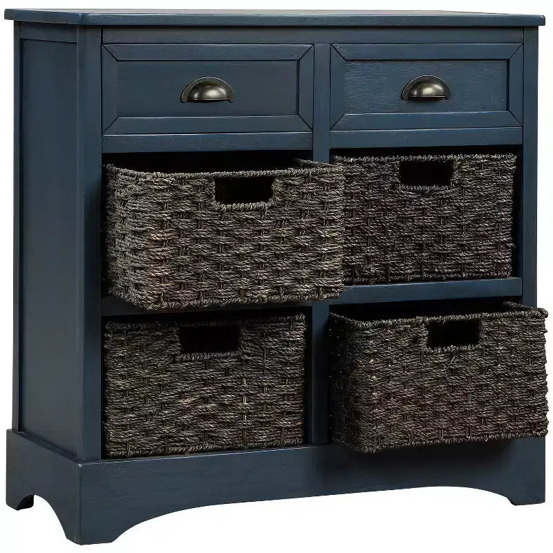 Meuble de rangement rustique avec 2 tiroirs et 4 paniers en rotin