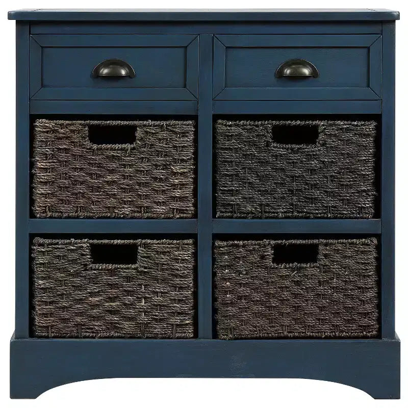 Meuble de rangement rustique avec 2 tiroirs et 4 paniers en rotin