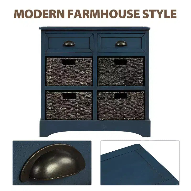 Meuble de rangement rustique avec 2 tiroirs et 4 paniers en rotin