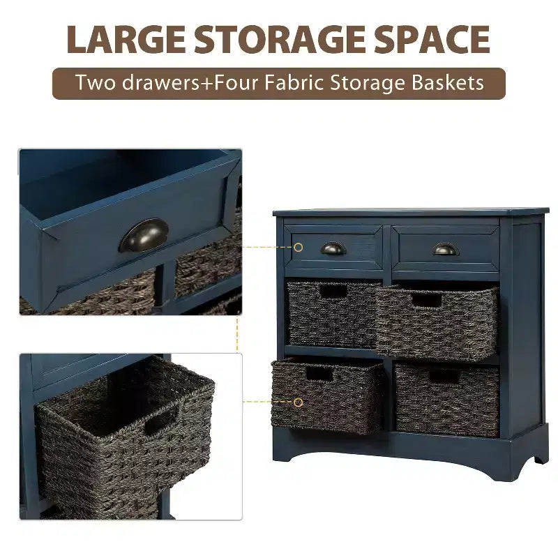 Meuble de rangement rustique avec 2 tiroirs et 4 paniers en rotin