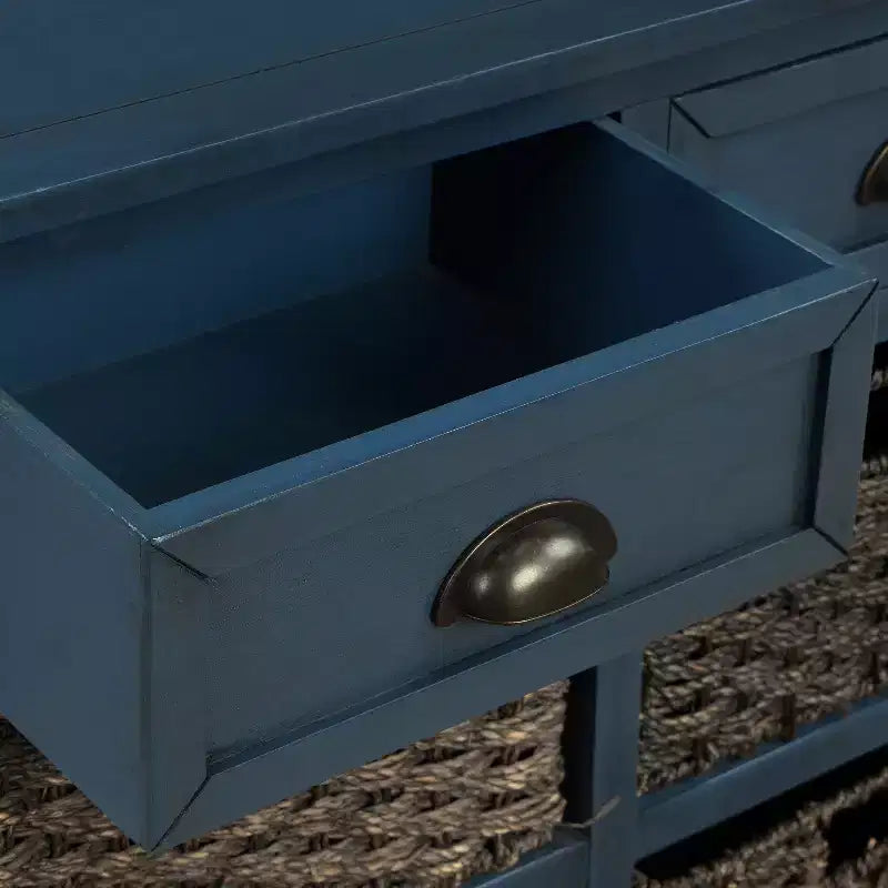 Meuble de rangement rustique avec 2 tiroirs et 4 paniers en rotin