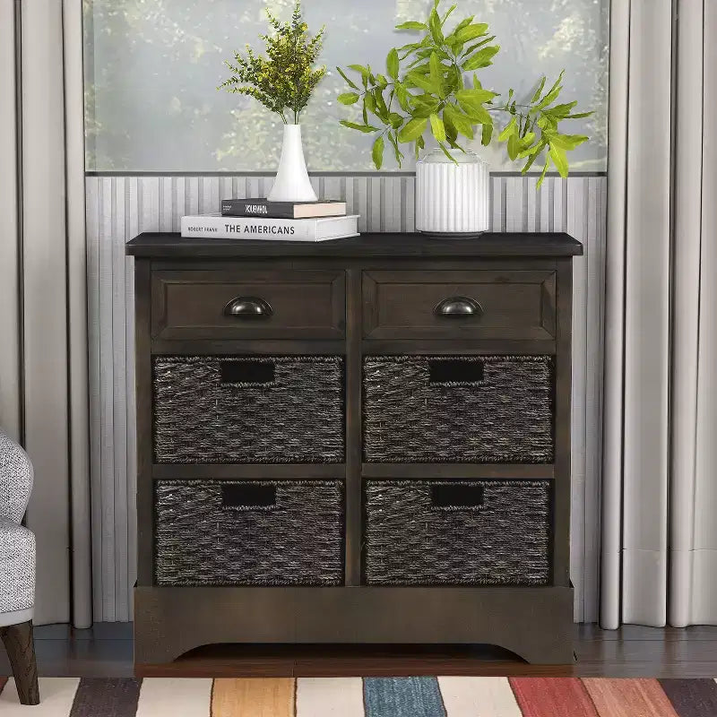 Meuble de rangement rustique avec 2 tiroirs et 4 paniers en rotin