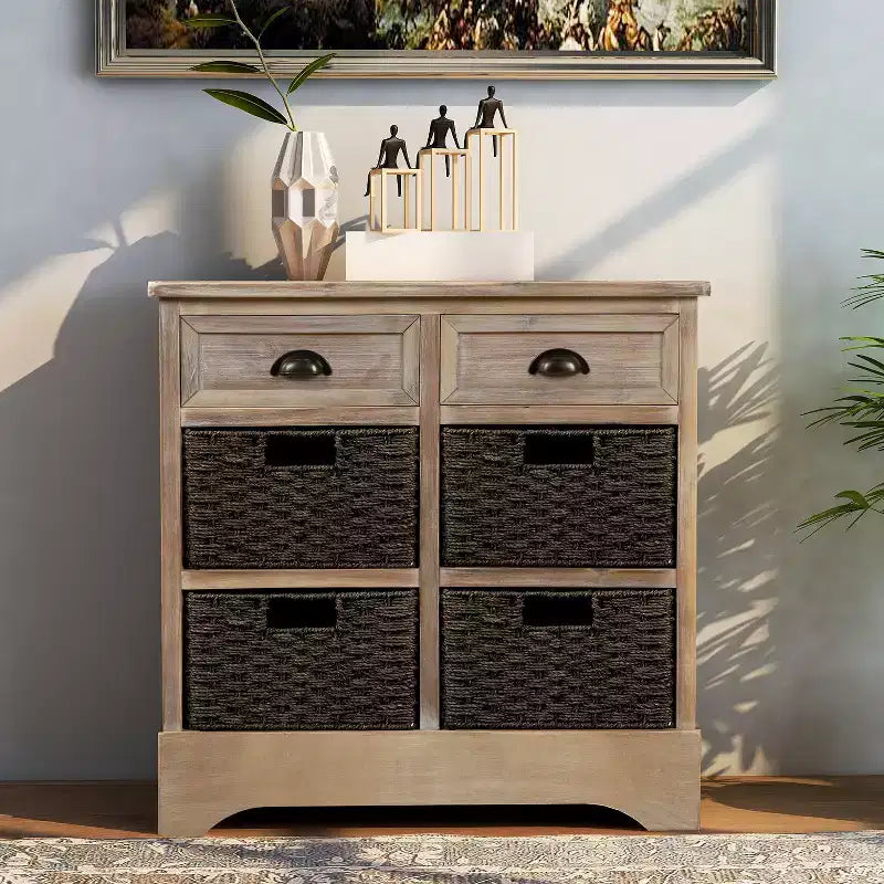 Meuble de rangement rustique avec 2 tiroirs et 4 paniers en rotin