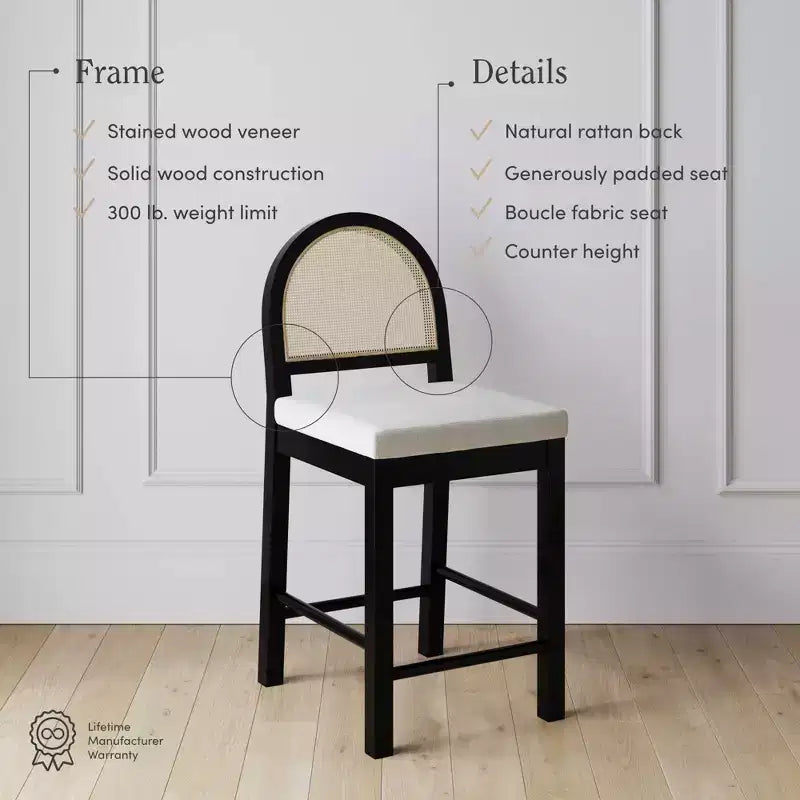 Tabouret de bar à hauteur de comptoir avec dossier incurvé, rotin/boucle crème, assise 24"