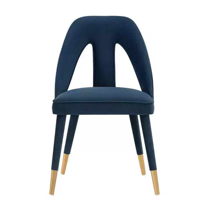 Chaise de salle à manger moderne en velours bleu nuit – Bois d'orme, pointes dorées, aucun assemblage requis