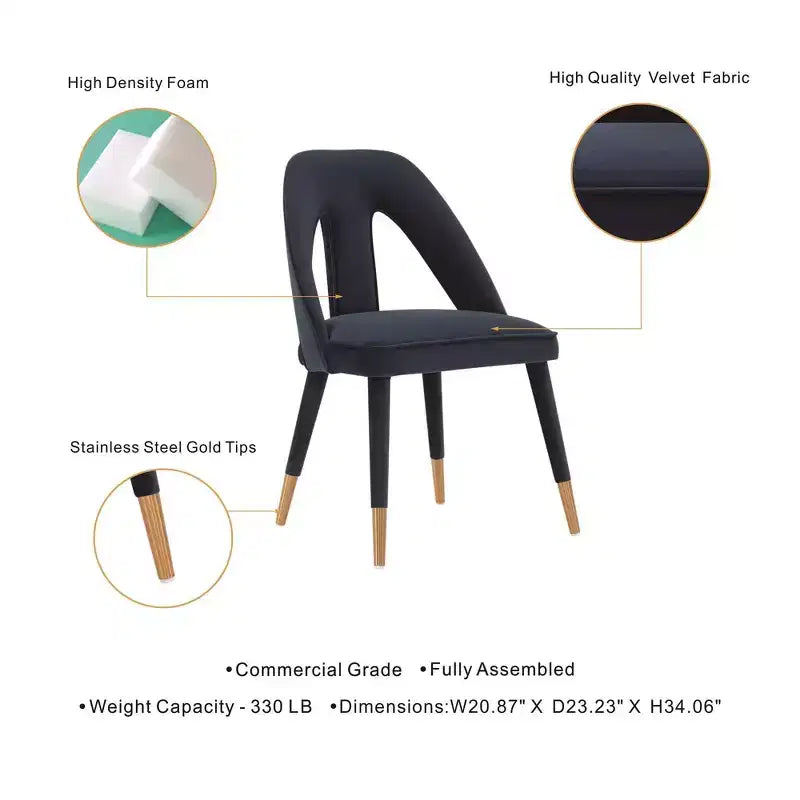 Chaise de salle à manger moderne en velours bleu nuit – Bois d'orme, pointes dorées, aucun assemblage requis