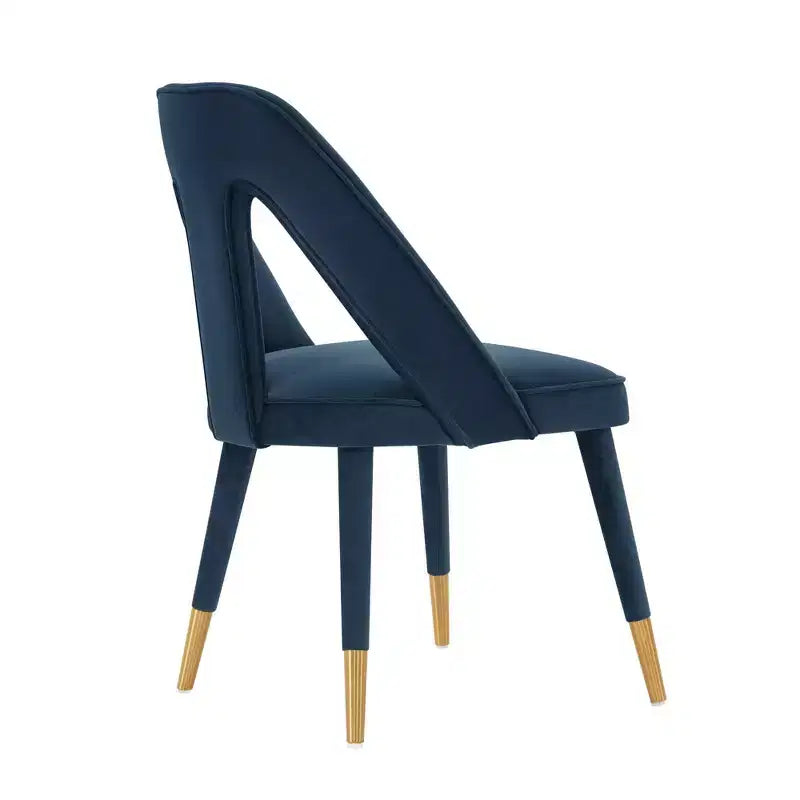 Chaise de salle à manger moderne en velours bleu nuit – Bois d'orme, pointes dorées, aucun assemblage requis