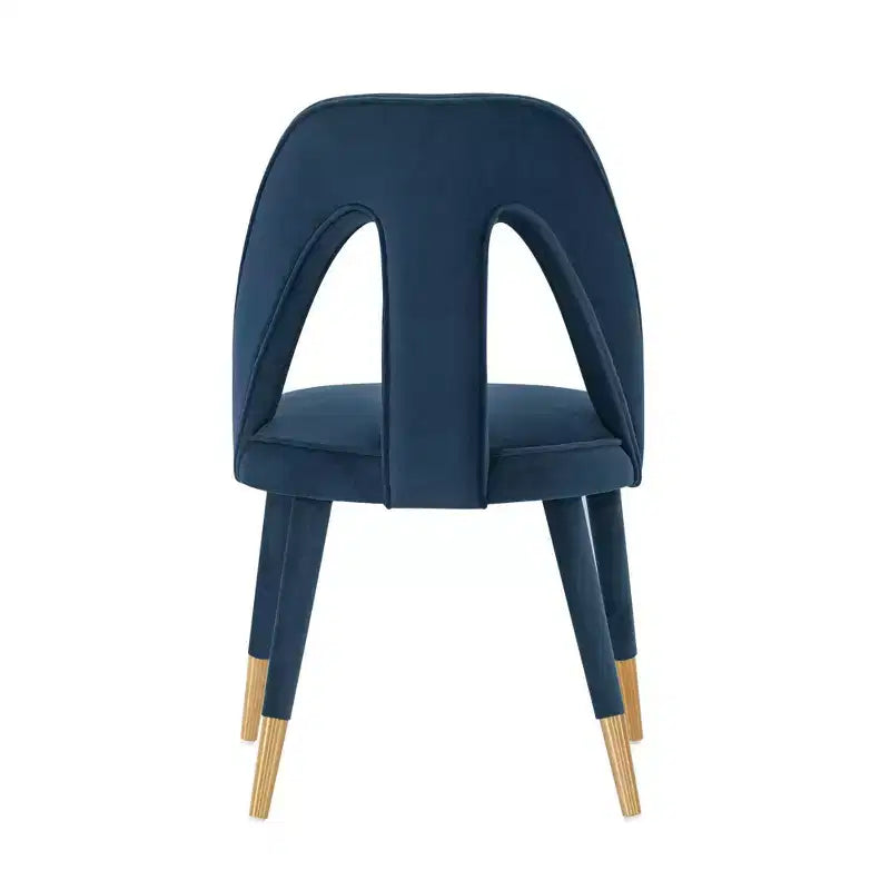 Chaise de salle à manger moderne en velours bleu nuit – Bois d'orme, pointes dorées, aucun assemblage requis