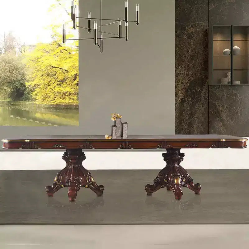 Table de salle à manger à double piédestal de 120 po en chêne miel
