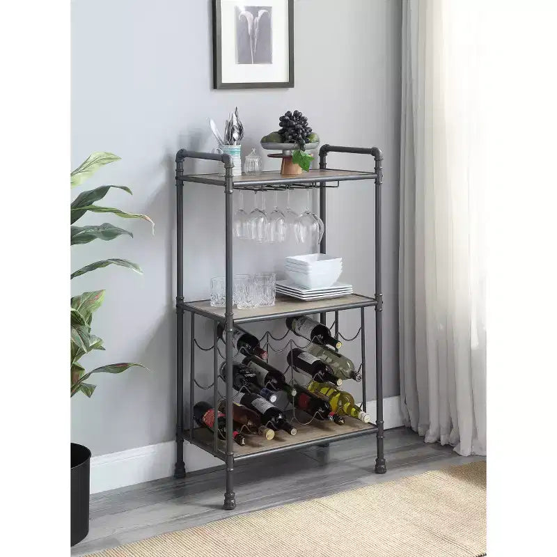 Porte-bouteilles et verres de sol de 26 po Chêne antique et gris sablé