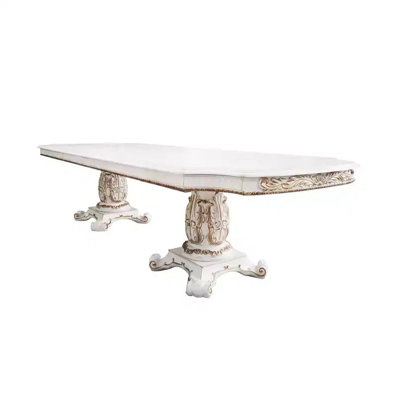 Table de salle à manger classique à double piédestal de 345 cm, finition perle antique – 10 places